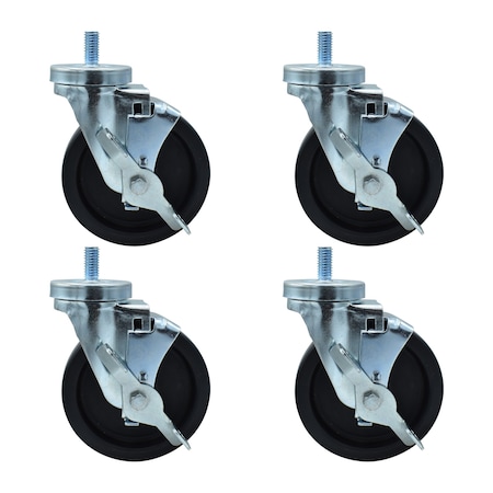 Bk Resources 5-inch Threaded Stem Casters, Polyolefin Wheel, Brake, 300lb Capacity, Chemical Resistant, 4PK 5SBR-4ST-LDP-PS4